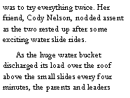 Text Box: was to try everything twice. Her friend, Cody Nelson, nodded assent as the two rested up after some exciting water slide rides. 
	As the huge water bucket discharged its load over the roof above the small slides every four minutes, the parents and leaders 